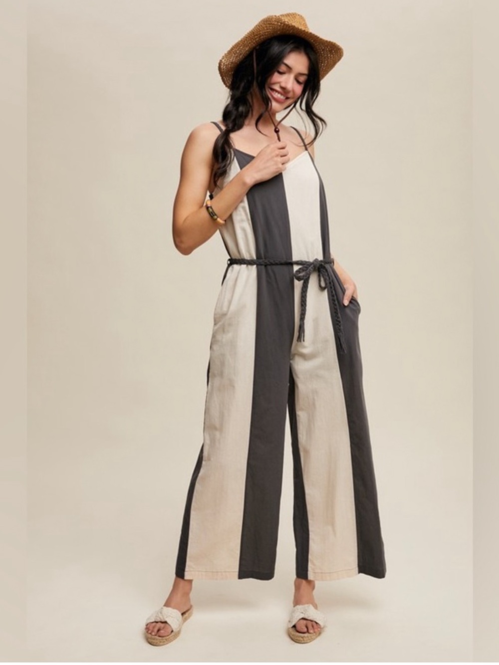Striped Wide-Leg Jumpsuit in Black and Cream with Rope